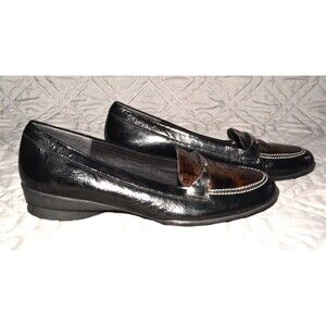 Munro American Women’s 7 W Black Leather Loafers Brown Cap Toe Wedge